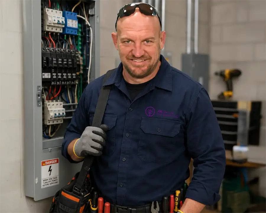 JSE Service and Electric LLC owner Steven Menning, licensed electrician standing beside an open electrical panel with a full tool belt in O'Fallon, IL