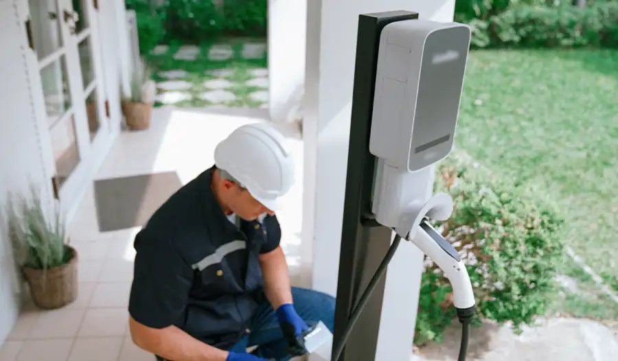 Electrician in hard hat and gloves installing a Level 2 EV charging station at a residential home — JSE Service and Electric LLC EV charger installation in O'Fallon, IL and St. Louis, MO