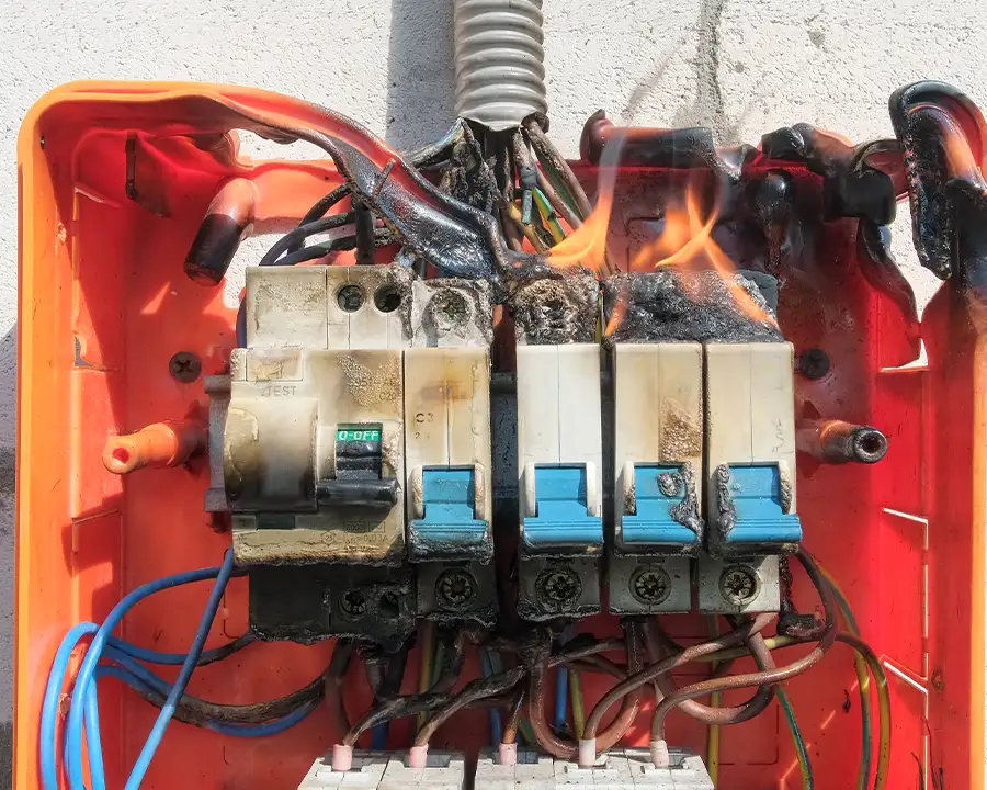 Burned and fire-damaged electrical panel with melted wiring — JSE Service and Electric LLC emergency electrical repair and panel replacement in O'Fallon, IL and St. Louis, MO