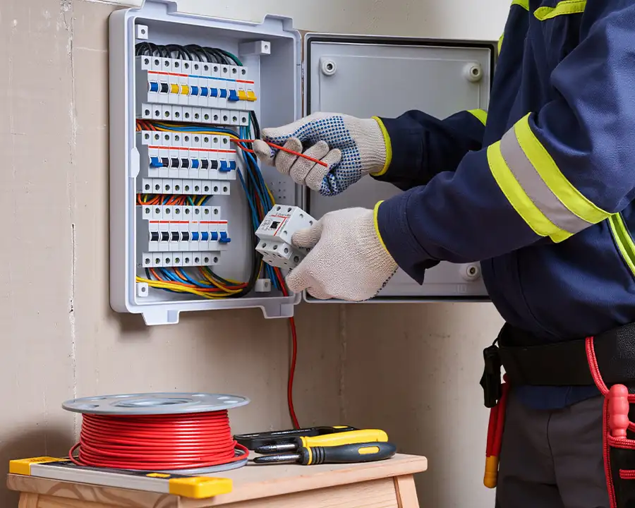 Gloved electrician in safety gear installing a circuit breaker into a large multi-wire electrical panel — JSE Service and Electric LLC panel upgrades in O'Fallon, IL and St. Louis, MO