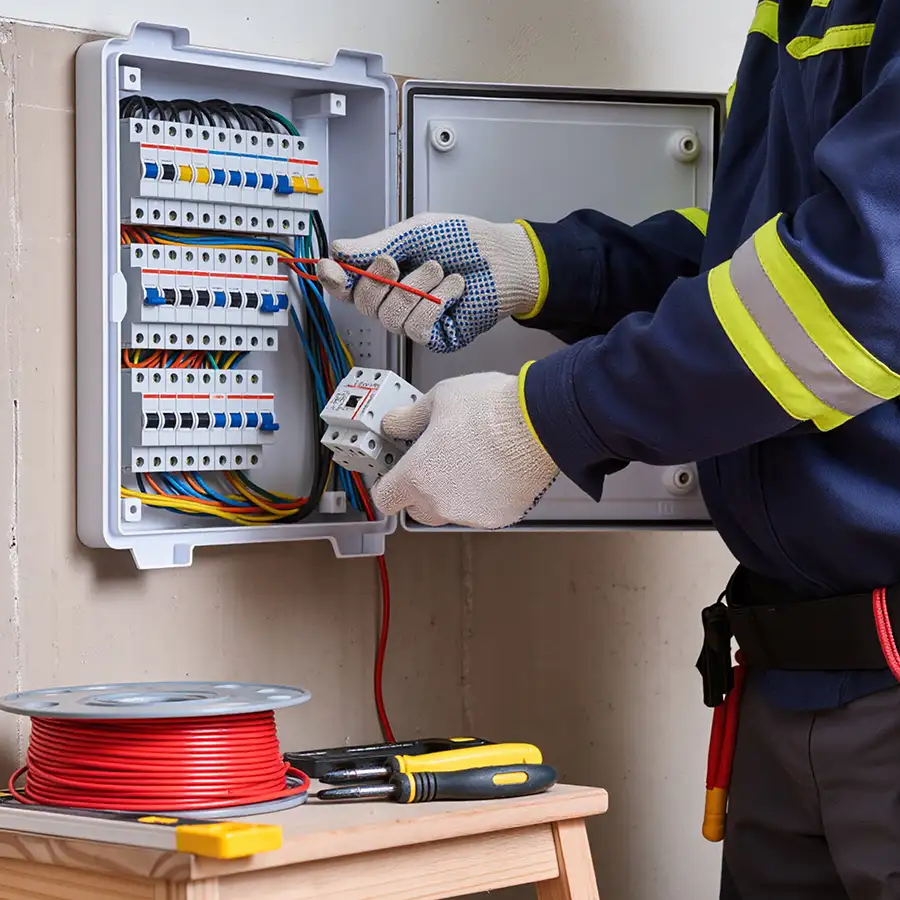 Safety-gloved electrician installing a circuit breaker into a fully wired electrical panel with a spool of red wire nearby — JSE Service and Electric LLC panel installation in O'Fallon, IL and St. Louis, MO