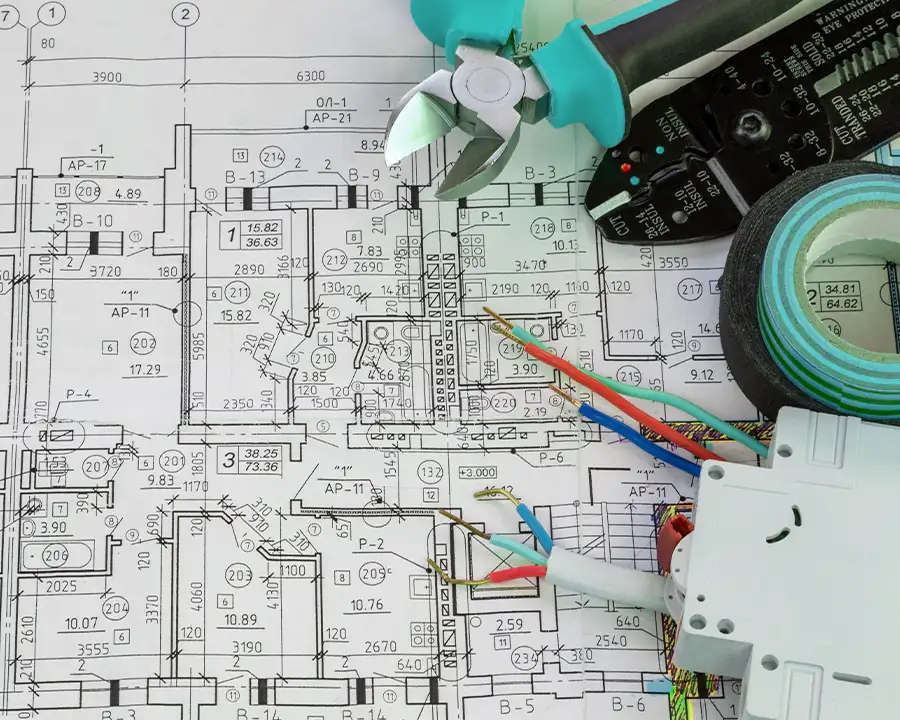 Architectural electrical blueprint with wire strippers, colored wires, electrical tape, and a circuit breaker — JSE Service and Electric LLC professional commercial electrical planning and installation in O'Fallon, IL and St. Louis, MO