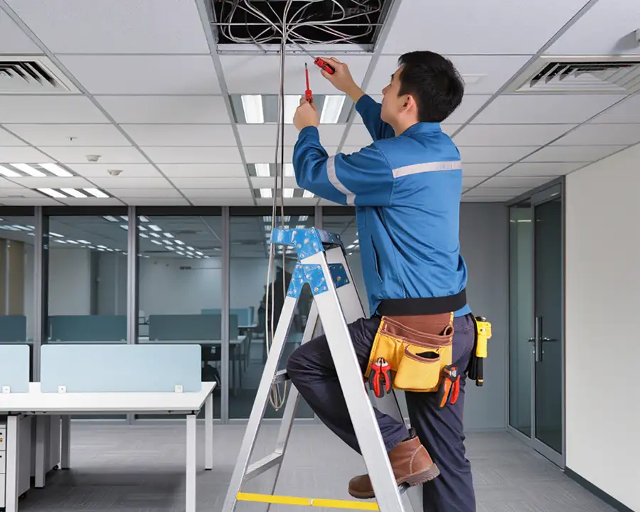 JSE Service and Electric LLC electrician troubleshooting and organizing electrical wiring above a suspended ceiling in a commercial office space serving O'Fallon, IL and St. Louis, MO.