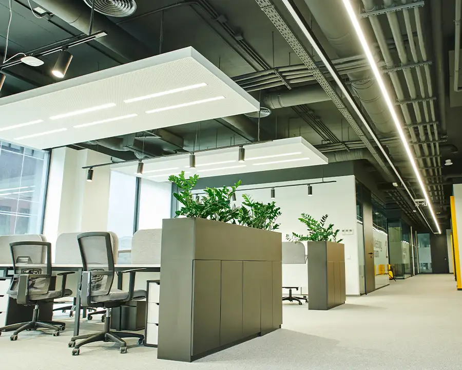 Professionally lit commercial office space with linear LED ceiling fixtures installed by JSE Service and Electric LLC, serving businesses in O'Fallon, IL and the greater St. Louis, MO area