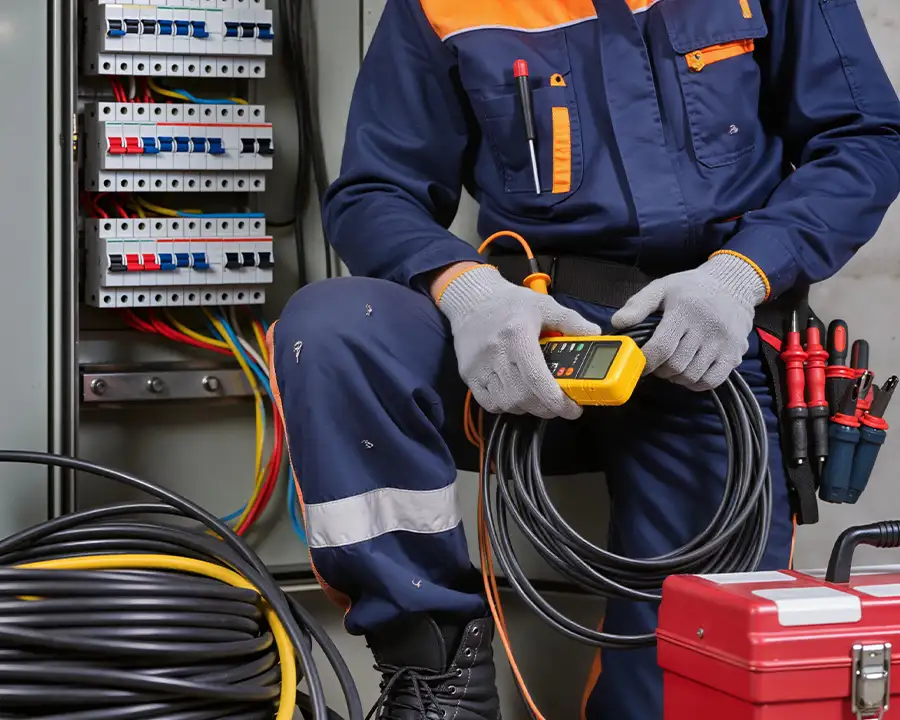 JSE Service and Electric LLC professional arriving fully equipped with testing tools and a multimeter to diagnose and service a circuit breaker panel in Troy, IL